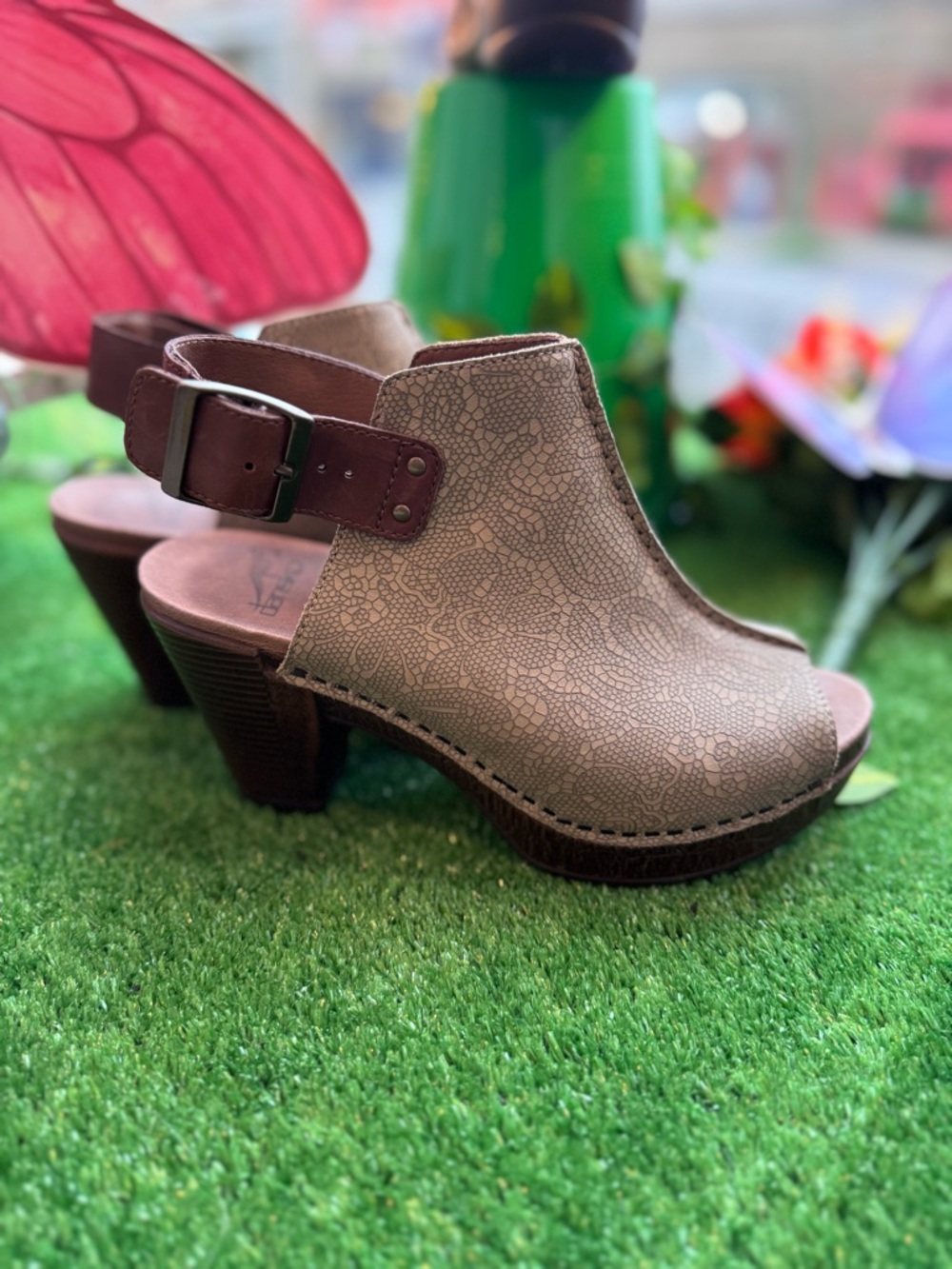 Dansko Taupe Textured Open-Toe Slingback Heels